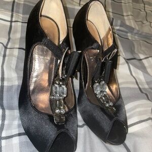PrettyLittleThing Black Satin Heels with Bow and Gems